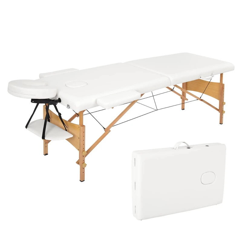 Meerveil Portable Massage Table 2 Sections Folding Cosmetic Bed in Leather and Wood, with Removable Headrest, Adjustable Armrests, Carry Case and Accessories，White, 198x60x81cm