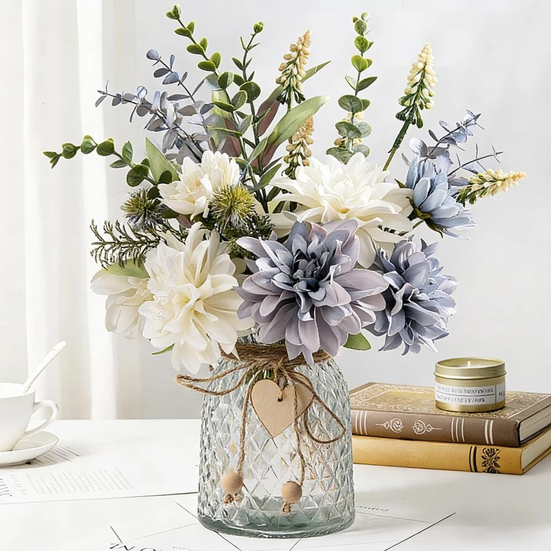JARELING Silk Flowers with Vase, Artificial Flowers Arrangement with Glass Vase Faux Rose for Decoration Table Centerpiece (Dalia)