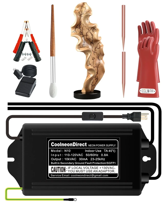 Coolneon Lichtenberg Machine Kit, Neon Sign Transformer+Rods+Clamps+Brush+Gloves+Foot Switch, Fractal Wood Burning Set, Not Led Power Supply Device Burner High Voltage 10kV 30mA, Black Transformer - Image 1