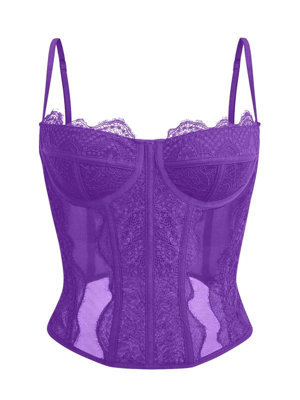 Dealmore Womens Lace Mesh Sexy Vintage Spaghetti Strap Open Back Boned Corset Going Out Party Top, Purple, X-Small