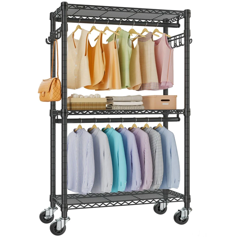 VIPEK V12 Mini Rolling Clothes Rack Heavy Duty Clothing Rack for Hanging Clothes Adjustable Metal Wire Shelving Portable Closet with Wheels Side Hooks, Freestanding Closet Wardrobe, Black
