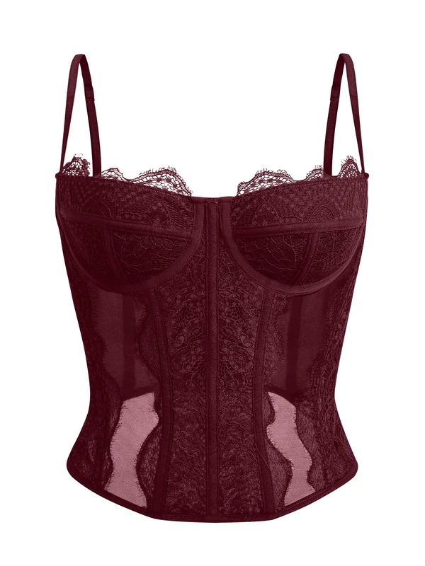 Dealmore Women Lace Mesh Spaghetti Strap Corset Tops for Date Night Party Club, wine red, XS