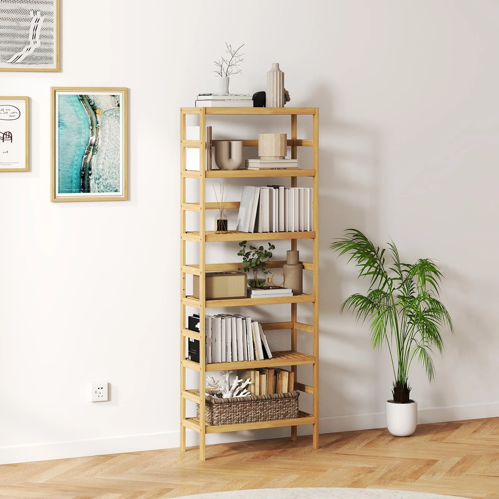 Elepude Bamboo Rack, Adjustable Bamboo Shelf, Stand Utility Storage Shelf Multifunctional Bathroom Kitchen Living Room Holder Plant Flower Stand (6-Tier)