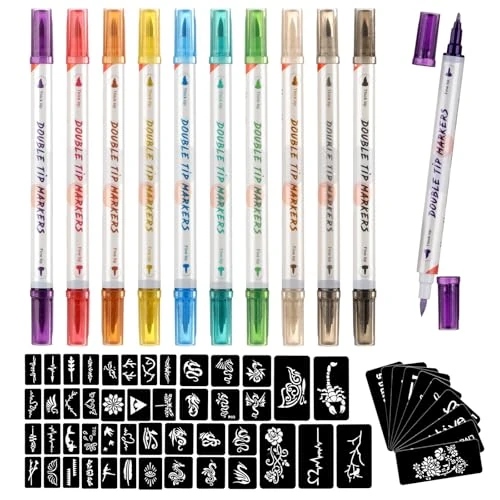 HAWINK Temporary Tattoo Markers for Skin, 10 Body Markers + 20 Large Tattoo Stencils for Kids and Adults, Dual-End Tattoo Pens Make Bold and Fine Lines ZYH2208001KIT (ZYH2208001KIT-US)