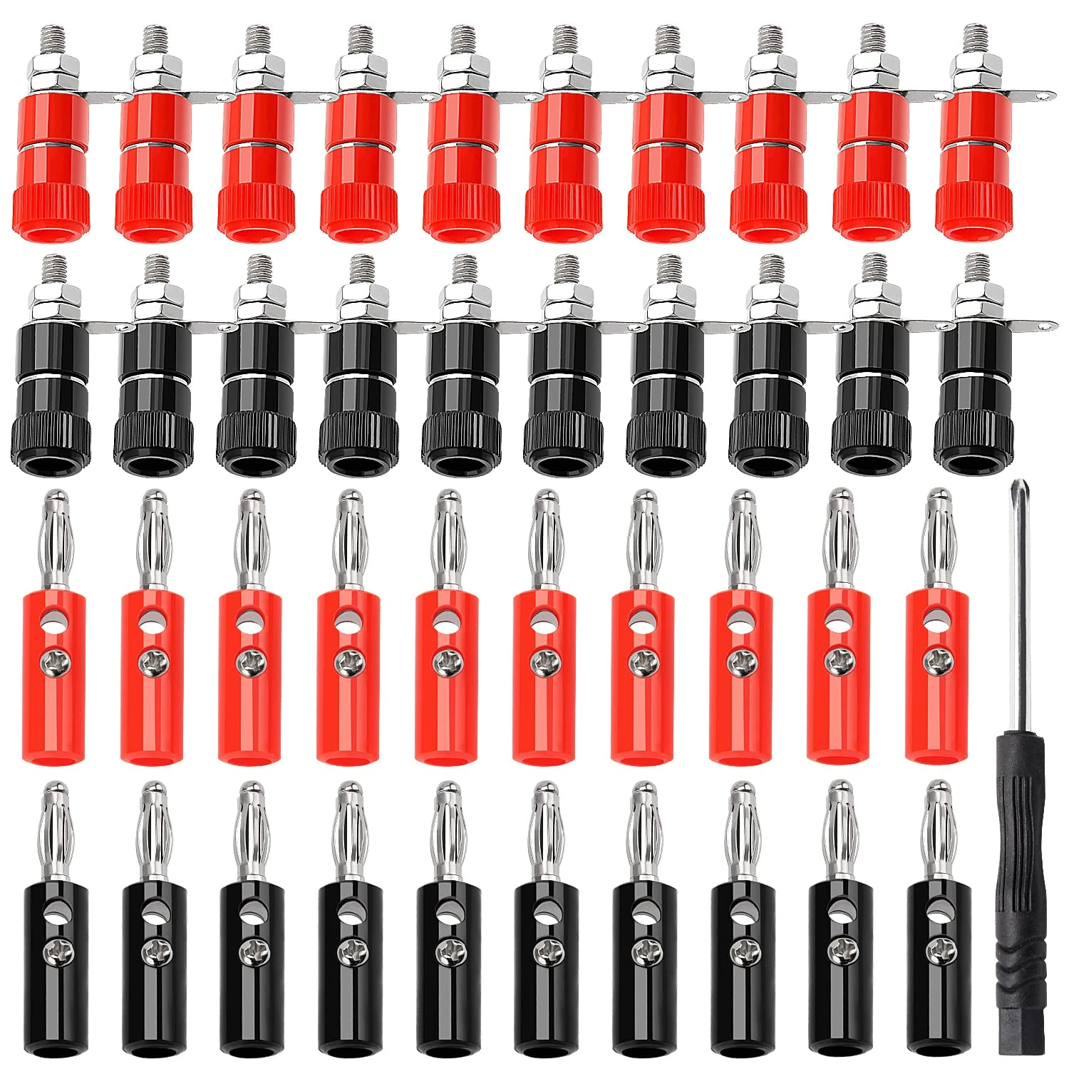 KUOQIY 40 PCS 4 mm Banana Plug Socket Connector Set, Binding Post Banana Plug + Nickel Plated Banana Plug, for Speaker, Audio/Video Receiver (Red, Black)