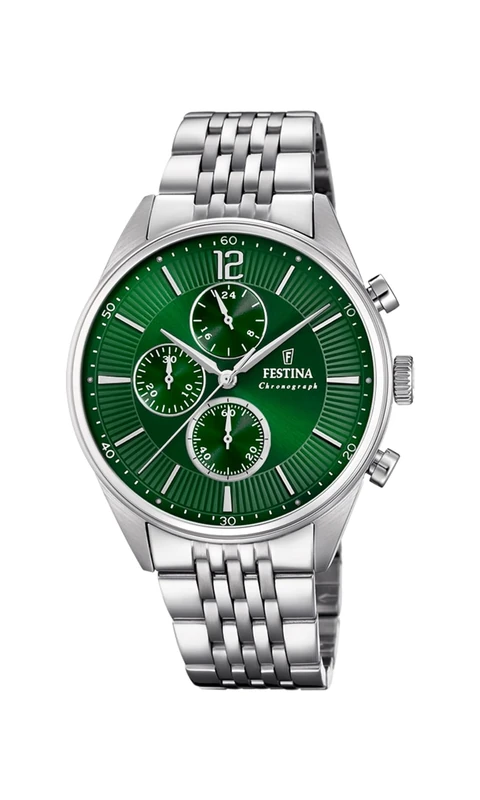 Festina Relojes F20285/8 Men's Analogue Quartz Watch with Stainless Steel Strap, Silver-Green, 43, Bracelet