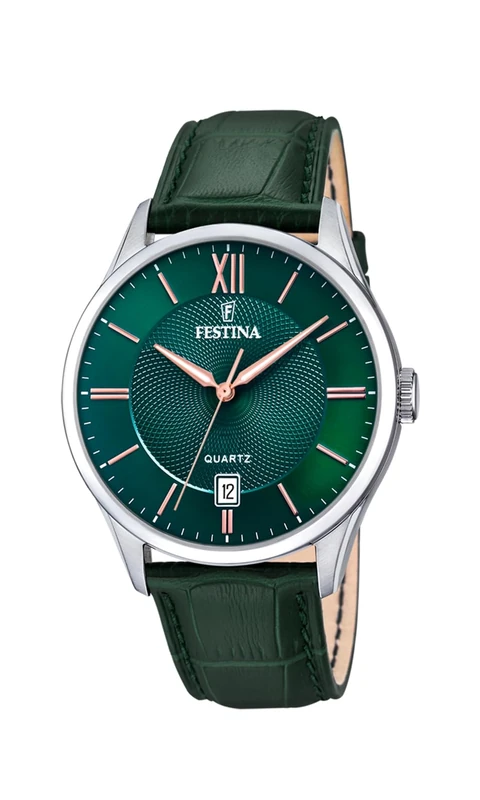 Festina F20426/7 Men's Analogue Quartz Watch with Leather Strap, Silver-Green, Strap.