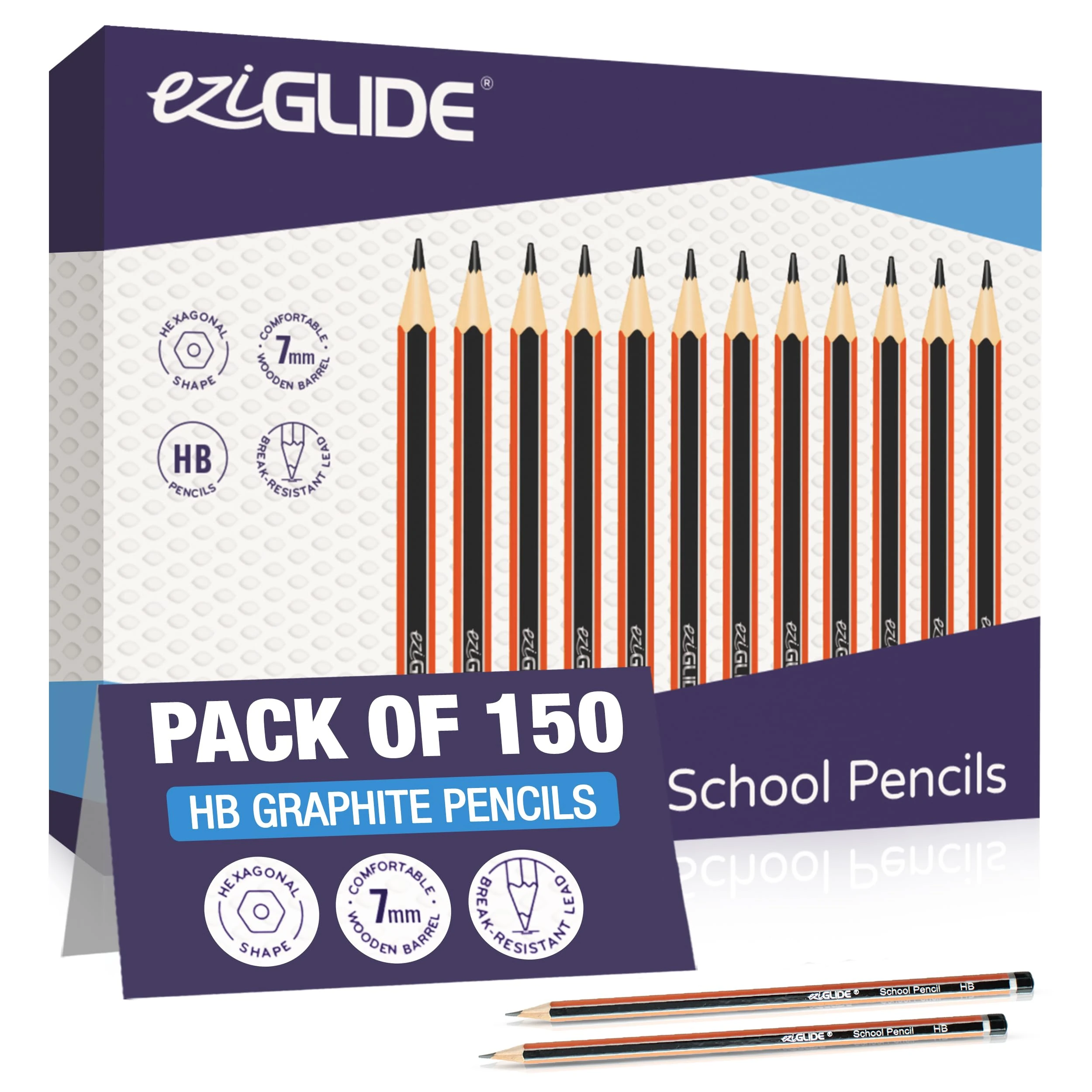 Eziglide HB Graphite School Pencil, Pack of 150 Hexagonal Pencils with Presharpened, Break Resistant Super Bonded HB Leads, Ideal for use at School in the Classroom, Home or the Office