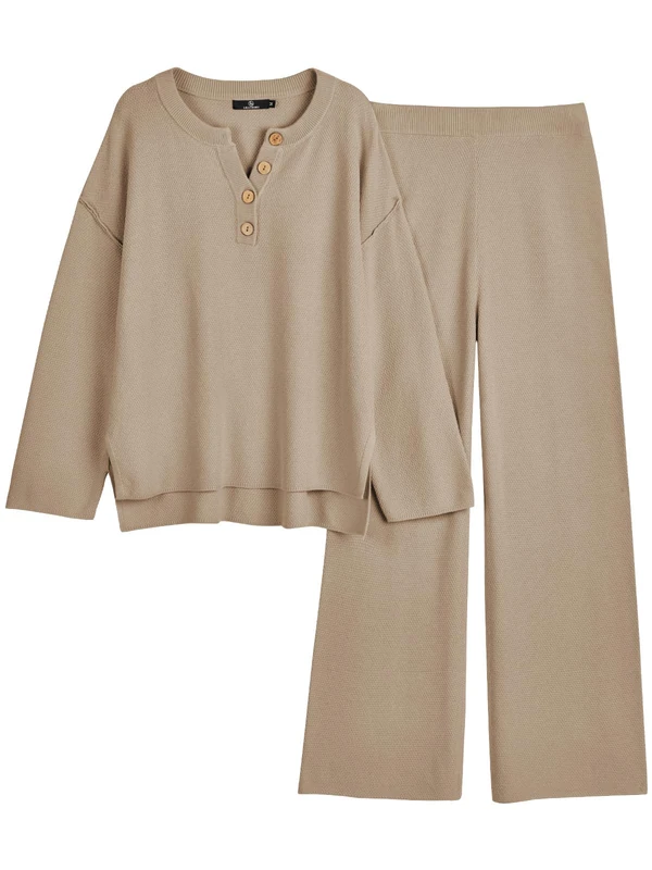 LILLUSORY Women's 2 Piece Trendy Outfits Oversized Slouchy Matching Lounge Sets Cozy Knit Loungewear Sweater Sets, Khaki, M - Image 1