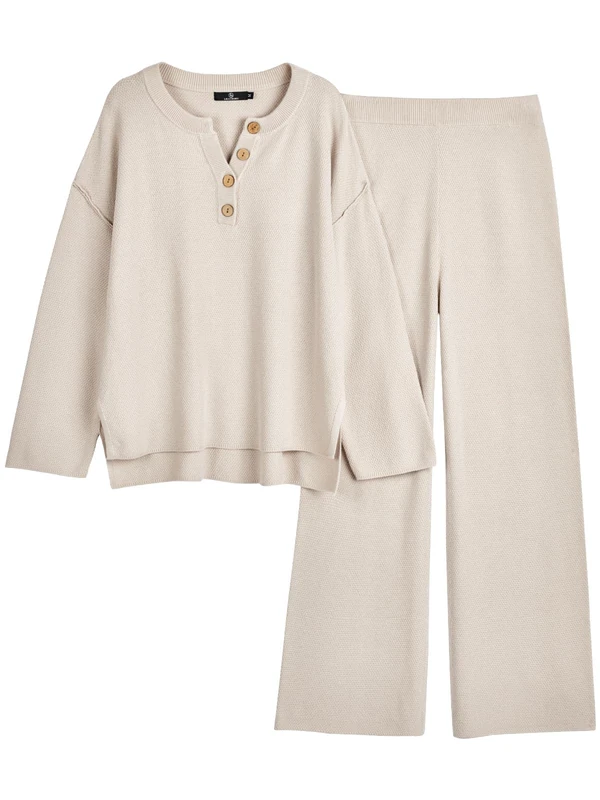 LILLUSORY Women's 2 Piece Trendy Outfits Oversized Slouchy Matching Lounge Sets Cozy Knit Loungewear Sweater Sets, Apricot, S