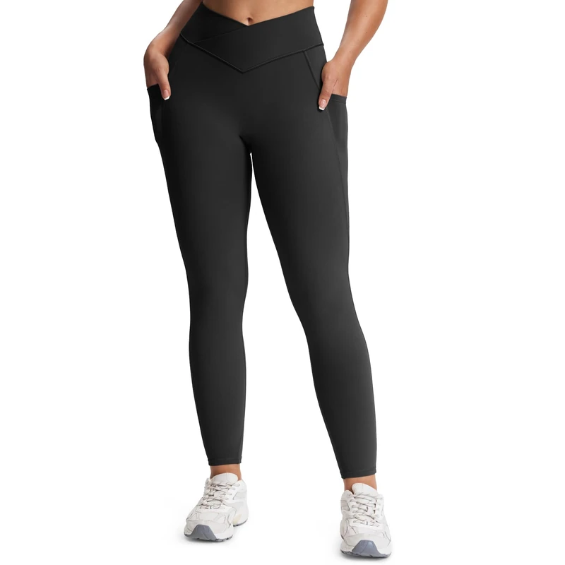 Aoxjox Trinity High Waisted Yoga Pants with Pockets for Women Tummy Control Cross-Waist Crossover Workout Leggings 27'', A Black (V-Waistband), XXL