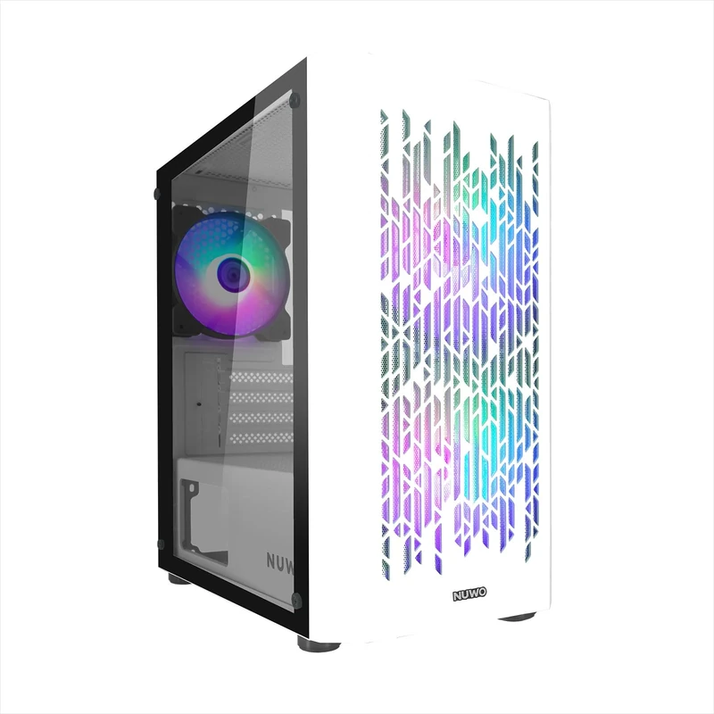 Nuwo Blitz R25 White Micro-ATX Case for PC Desktop Office Gaming Mini Tower 0.50MM SPCC with 3 Fans Rainbow Lighting Fixed Tempered Glass Side Panel (HxDxL: 388x350x203mm) - Image 1