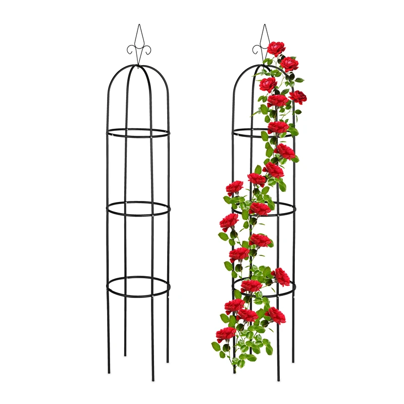 Relaxdays Set of 2 Garden Obelisks, 200 cm Tall, Support for Climbing Plants, Metal, Free-Standing, Rose Cage, Black, Steel