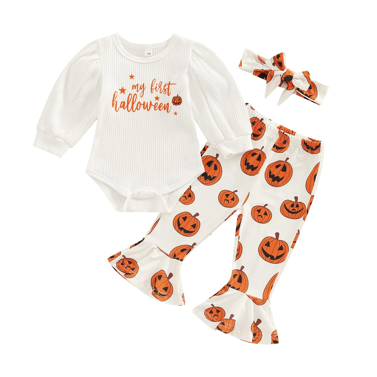 Newborn Baby Girl My First Halloween Outfit Long Sleeve Bodysuit Romper Grow Top Shirt + Pumpkin Flared Trousers + Headband Baby Girl Halloween Clothes Set (A, 3-6 Months)