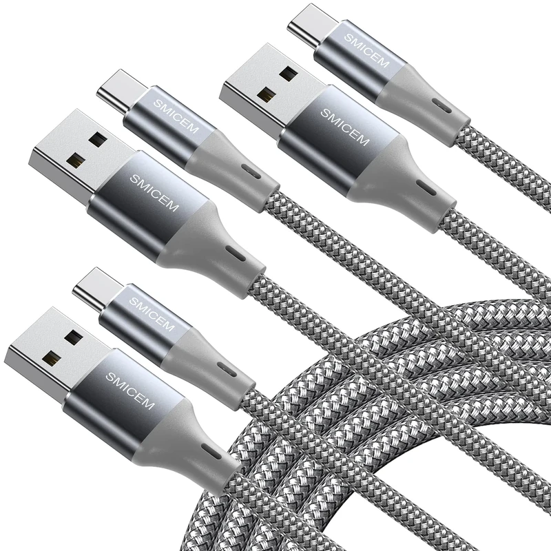 SMICEM USB Type C Cable - 3M Braided, Fast Charging, 3 Pack - Compatible with Galaxy S8-S10, LG G6-G7, Note 8-10 and More (Gray)