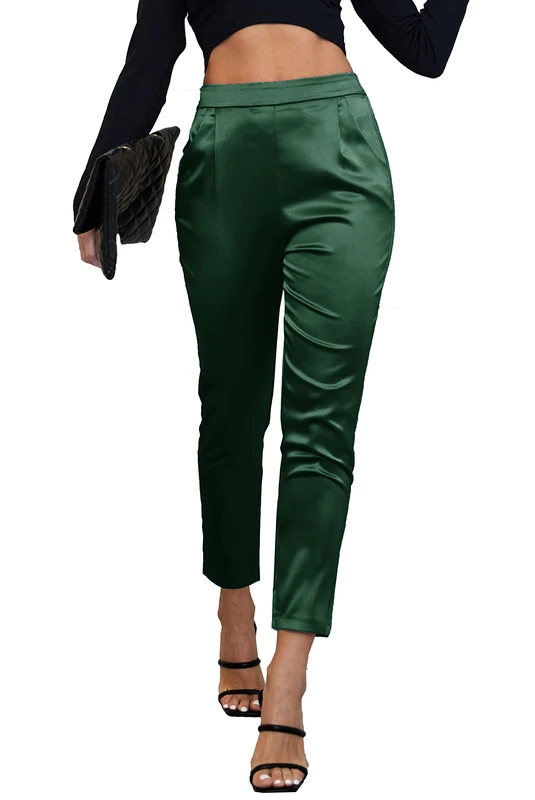 heipeiwa Women's Satin Pants Dress Casual Pleated Pull on High Waist Pants with Pockets, Drape Green01, M