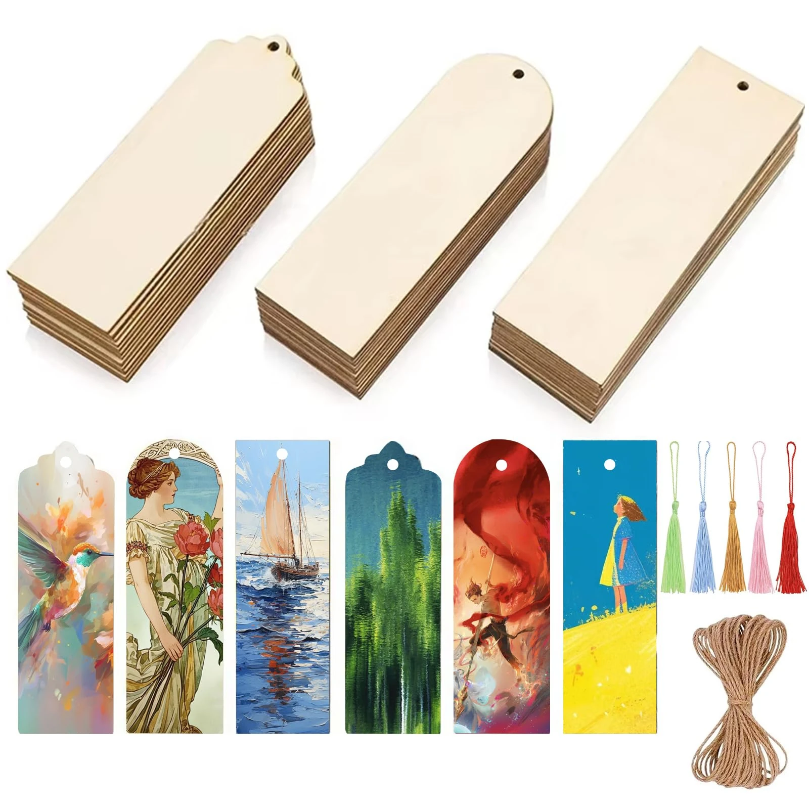 BetterJonny 108pcs Wood Bookmarks with 36pcs Tassels and Ropes - 3 Shapes DIY Unfinished Wood Book Marker Tags for DIY Craft Party Decor Classroom Projects Present Tags