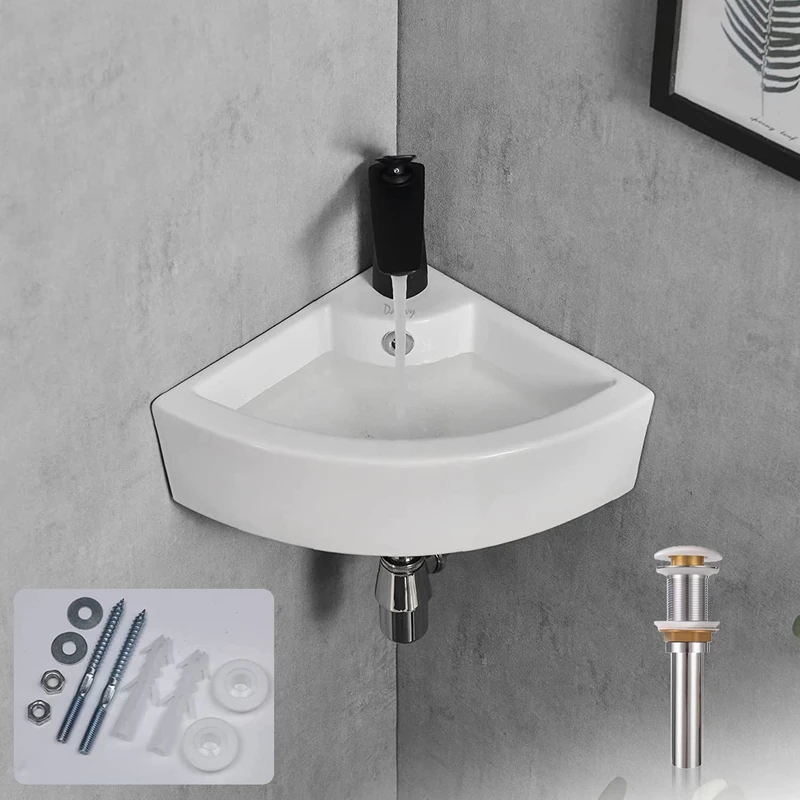 Davivy 18" x 13" Corner Bathroom Sink with Pop Up Drain and Installation Kit, Wall Mount, Modern, White, Small