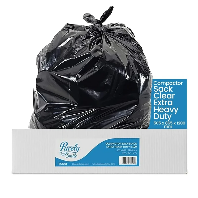Blake & White 25kg Capacity Compactor Black Sacks - Purely Smile Ultra Durable & Eco Friendly Recyclable Bin Bags - Extra Heavy Duty Bin Liners for Household, Office, and Kitchen - Box of 100