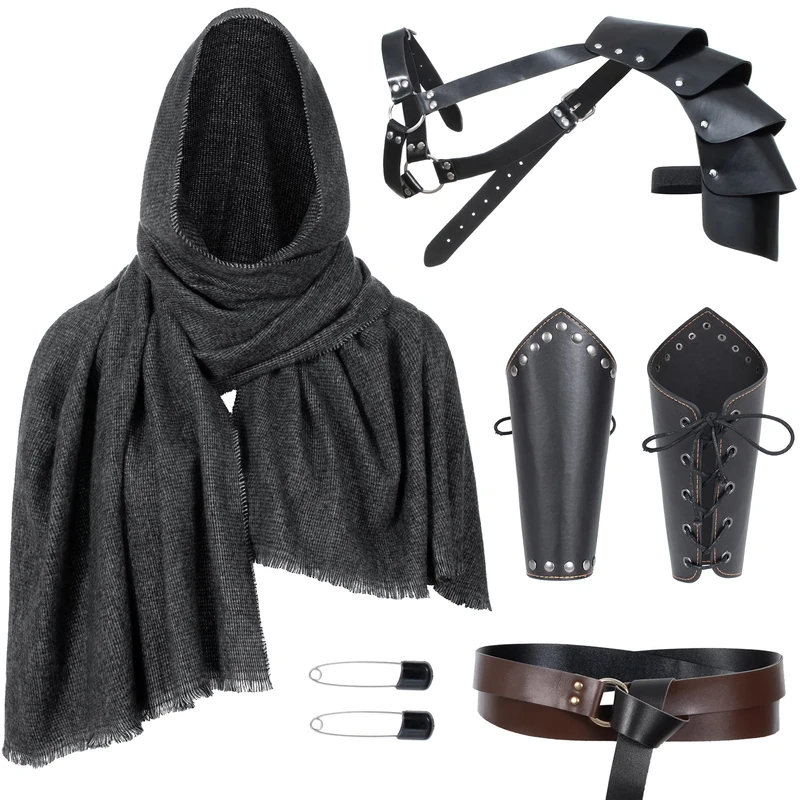 ALAMIYA Medieval Knight Leather Belt Shawl Men Renaissance Half Shoulder Cape Scarf Buckle Bracers Retro Accessories(Type15), Type15, One size, Type05-15