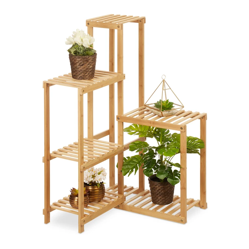 Relaxdays Plant Stand, 6 Shelves, Wheels, Flower Rack, Corner, H x W x D: 101 x 62 x 62 cm, Bamboo, Natural - Image 1