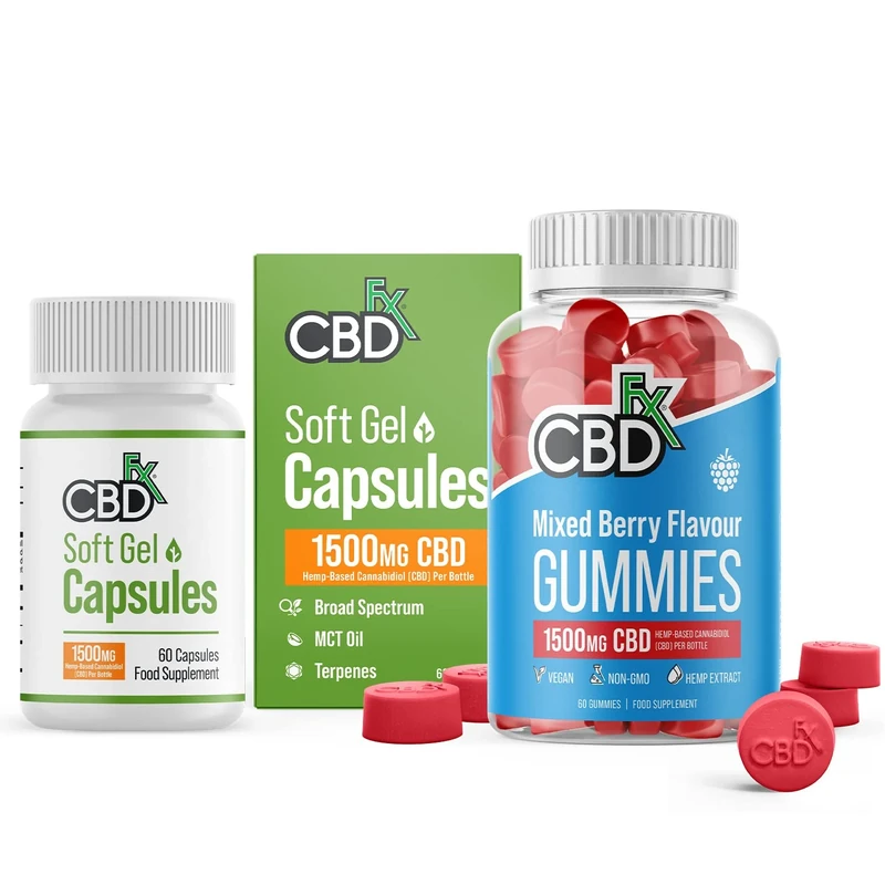 CBDfx 1500 mg CBD High Strength Softgel Capsules with CBDfx 1500 mg CBD High Strength Mixed Berry Gummies