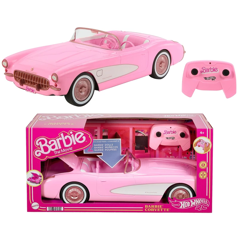 Hot Wheels Remote Control Car, Barbie Corvette From The Movie, Battery-Operated RC Toy Car, Holds 2 Dolls, Trunk Opens for Storage, HPW40