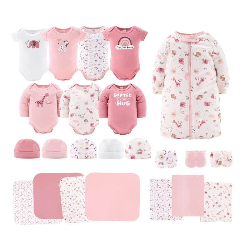 The Peanutshell Newborn Girl Clothes & Accessories Set | 23 Piece Layette Gift Set | Rainbow & Safari, Pink | Fits Newborn to 3 Months