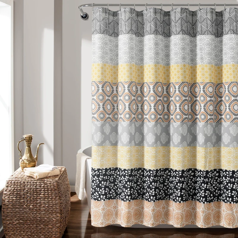 Lush Decor Bohemian Stripe Shower Curtain, 72" x 72", Yellow & Gray