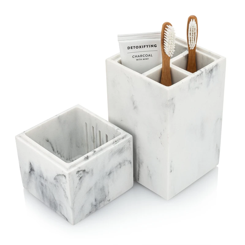 Essentra Home Toothbrush Holder with Lid, Elegant White Marble Bathroom Toothbrush & Toothpaste Organizer – Blanc Collection