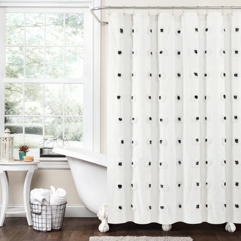 Lush Decor Boho Circle Tufted Yarn Dyed Eco-Friendly Recycled Cotton Shower Curtain, 72" x 72", Black