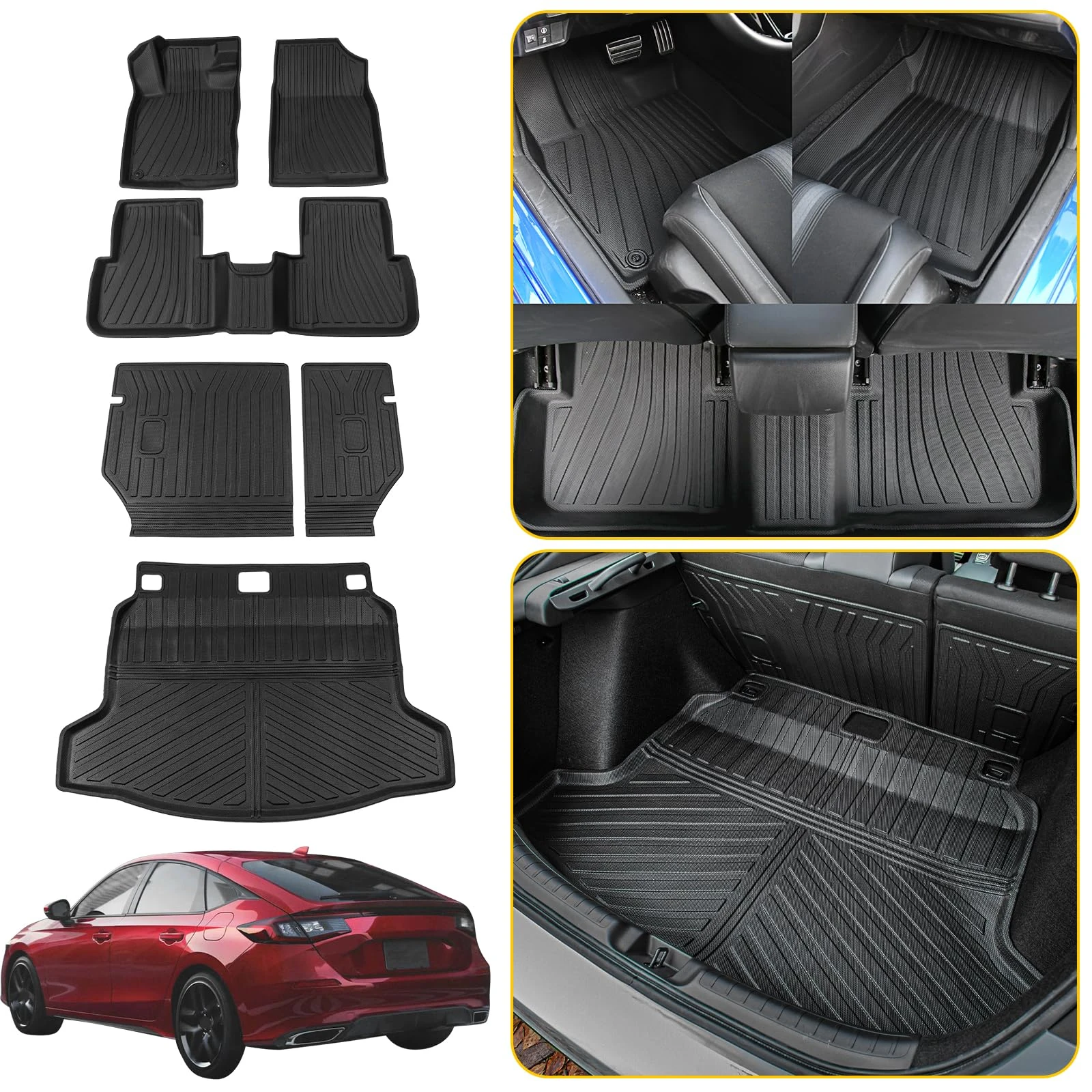 Maxzina Floor Mats Compatible with 2022 2023 2024 Honda Civic Hatchback Cargo Mat Liner TPE Trunk Mat Back Seat Cover Protector Civic Hatchback Accessories (Backrest Mats+Trunk Mat+Floor Mats)
