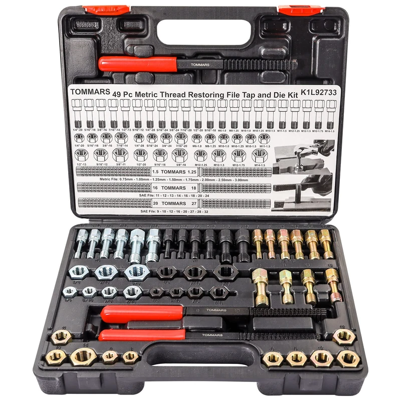 TOMMARS 49-Piece Thread Chaser Set Repair Kit, UNC UNF & Metric with Taps, Dies, and Thread Files for Rethreading and Restoration