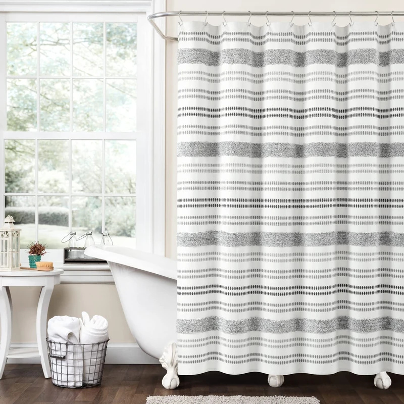 Lush Decor Modern Tufted Stripe Woven Yarn Dyed Eco-Friendly Recycled Cotton Shower Curtain, 72" x 72", Gray