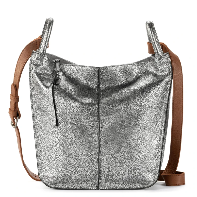 The Sak Los Feliz Crossbody Bag in Leather, Large, Lined Purse with Single Adjustable Shoulder Strap, Dark Silver, M