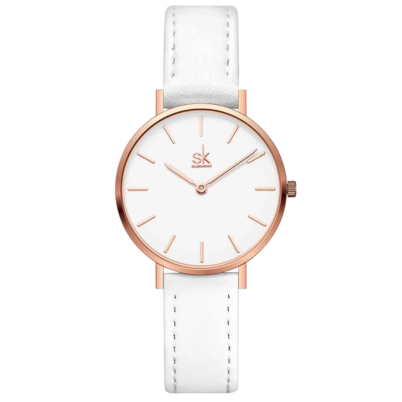 SHENGKE Ultra Thin Women's Watch - White Leather Strap, 32mm