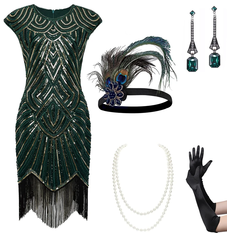 BABEYOND 1920s Flapper Dresses Set 20s Great Gatsby Dress 1920s Fringed Dress with Accessories Set