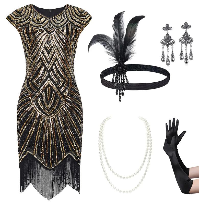 BABEYOND 1920s Flapper Dresses Set 20s Great Gatsby Dress 1920s Fringed Dress with Accessories Set, Set - Black Gold, Large