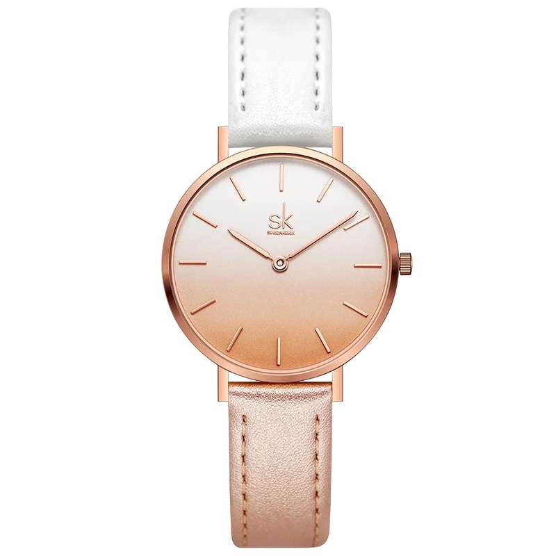SHENGKE SK Ultra Thin Minialist Women Watches Simple Two Hands Ladies Dress Watch Leather Strap (Champagne-White)