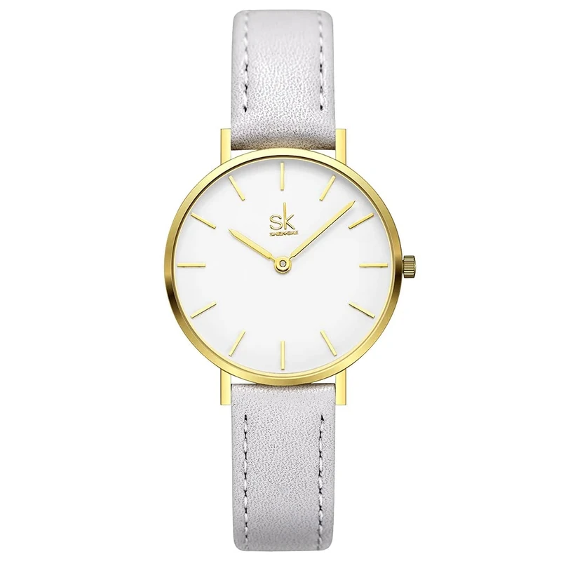 SHENGKE Ultra Thin Women Watch - Grey Leather Strap, 32mm