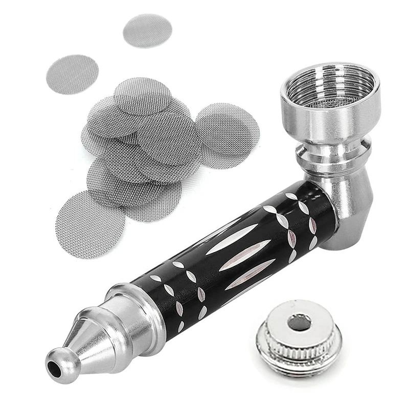 Aluminum Tube Mini Smoking Pipe in Black, Portable Mini Pipe with 20Pcs Stainless Steel Screen Filters, Metal Pipe Smoking Accessory, Pocket Smoking Pipe as Gift for Father Friends