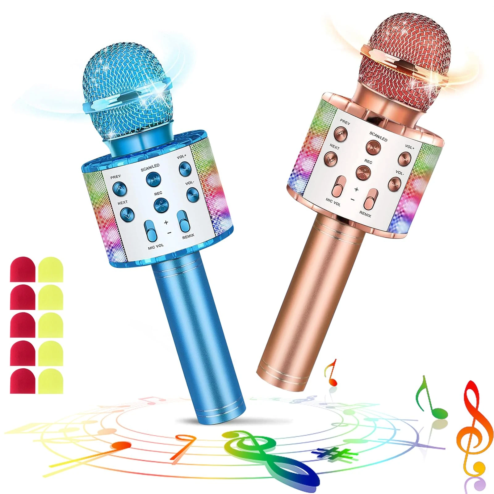 laqula Set of 2 Wireless Bluetooth Karaoke Microphone with Led Lights Portable Handheld Singing Karaoke Speaker Machine Christmas Toys Gifts for Kids Adults (w/10 Disposable Microphone Covers)