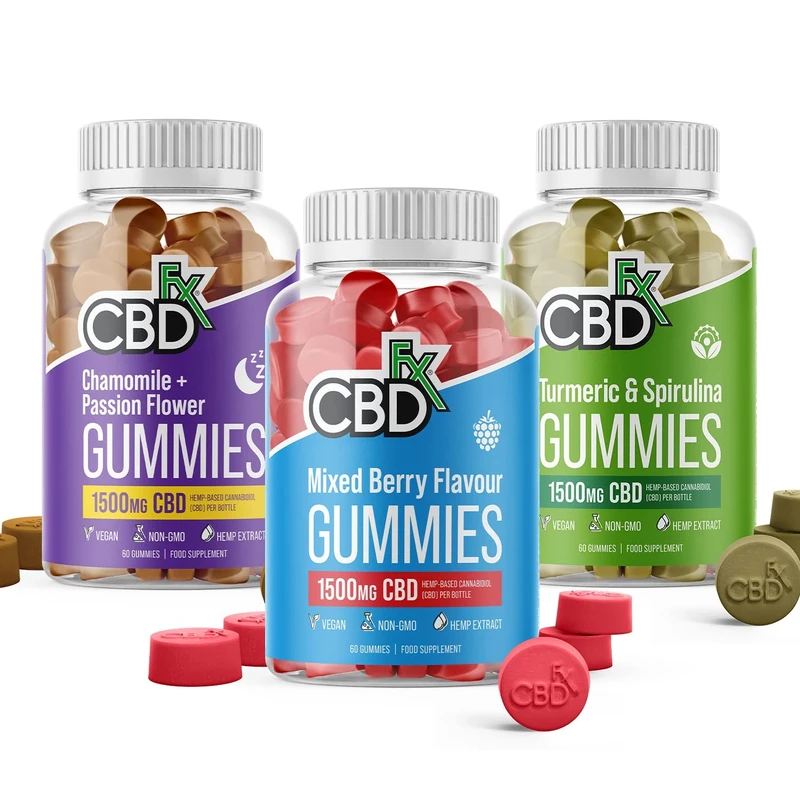 CBDfx 1500 mg CBD High Strength Mixed Berry Gummies 25 mg CBD with CBDfx 1500 mg CBD High Strength Sleep Gummies with CBDfx 1500 mg CBD High Strength Turmeric & Spirulina Gummies