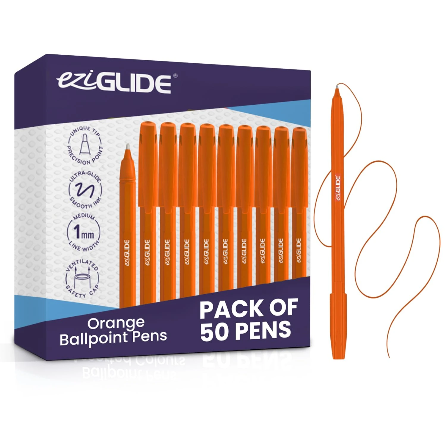 Eziglide 50-Pack Ballpoint Pens, Orange - Smooth Writing Action-Medium Point Nib (1.0mm), Multipack Ball Point Pen Ideal for School, Work, Home stationary