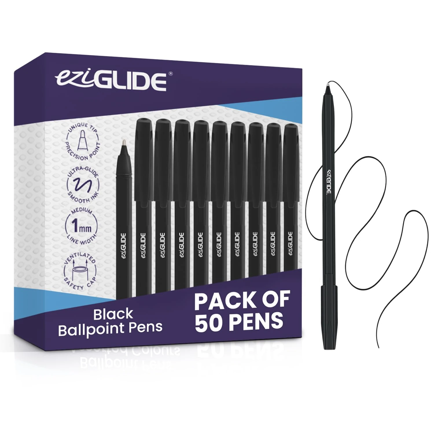 Eziglide Ballpoint Pens Black Ink 50-Pack – Black Biro Pens Multipack with Medium Point (1.0mm) for Effortless, Smooth Handwriting & Consistent Flow – Black Pens for School, Home, Office Supplies