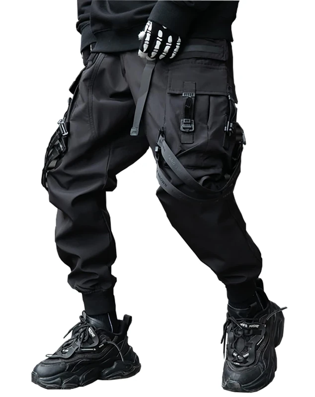 Niepce Inc Men's Japanese Streetwear Techwear Cargo Pants with Design, Black2, S
