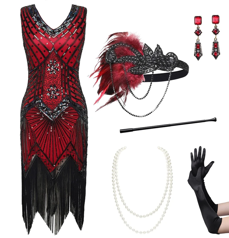 BABEYOND Women's Flapper Dresses 1920s V Neck Beaded Fringed Great Gatsby Dress, Set - Red, Medium