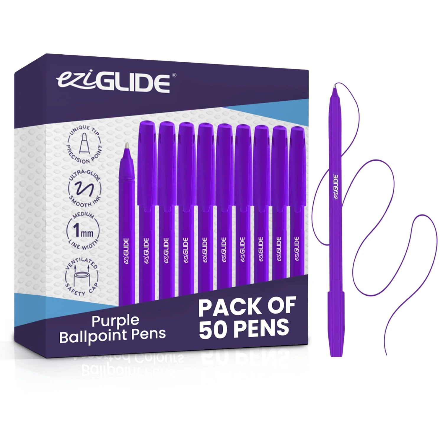 Eziglide 50-Pack Ballpoint Pen Set, Purple – Medium Point Nib (1.0mm) for Fine Ballpoint Precision & Easy Grip – Bulk Pens, Ideal for Home, Office, Work, Exams & School Supplies