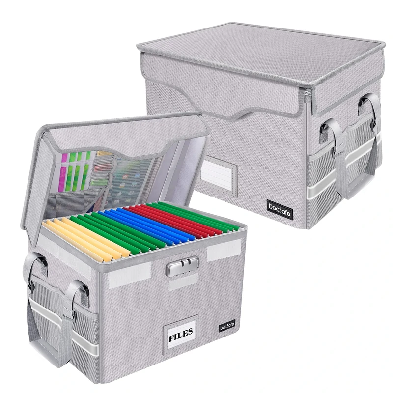 DocSafe File Box, Fireproof Document Box with Lock, File Storage Organizer with Slip Pockets, Collapsible, Portable, Filing Cabinet for Home, Office, Filing Cabinet with Handle