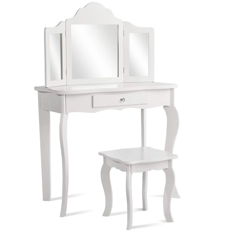 GYMAX Kids Vanity Table Set, Wooden Girls Dressing Table with Stool, Tri-folding Mirror & Drawer, 2 in 1 Children Makeup Dresser for Bedroom (White, 70 x 34 x 103cm) - Image 1